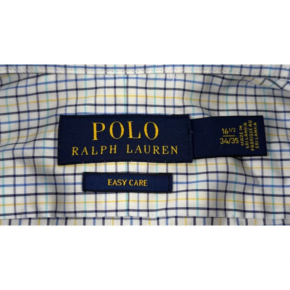 Polo Ralph Lauren Dress Shirt Mens 16.5 34/35 Blue Yellow Check Easy Care LS